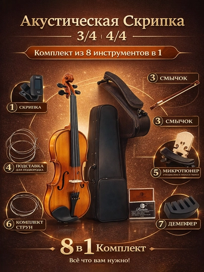 Akustik skripka 1/2-3/4-4/4, 8 ta cholg‘udan iborat 1 ta to‘plam, g‘ilofli 9