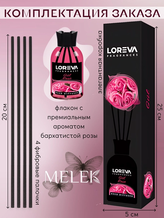 Аромадиффузор для дома с палочками, LOREVA Роза, 110 мл, подарочный