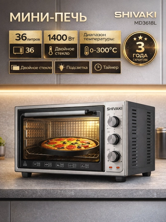 Elektr mini-pech 36 l Shivaki 3618 L — konveksiyali pech, oshxona uchun, inox