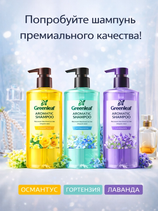 Ароматный шампунь GREENLEAF с натуральными экстрактами для всех типов волос стойкий аромат
