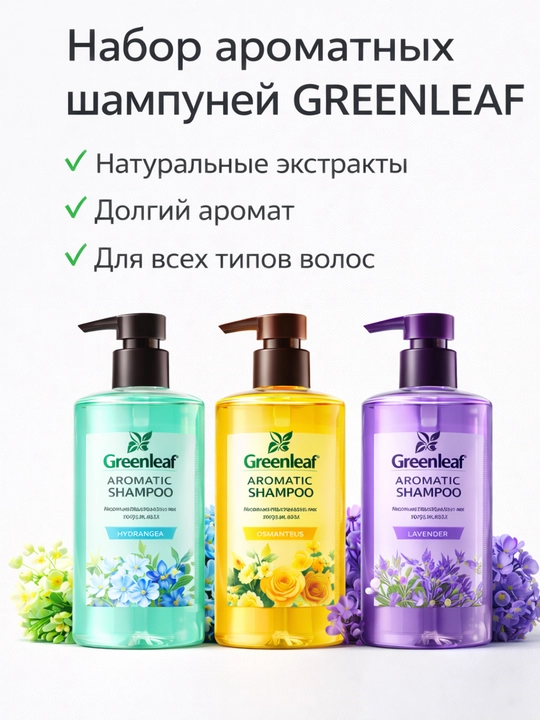 Ароматный шампунь GREENLEAF с натуральными экстрактами для всех типов волос стойкий аромат