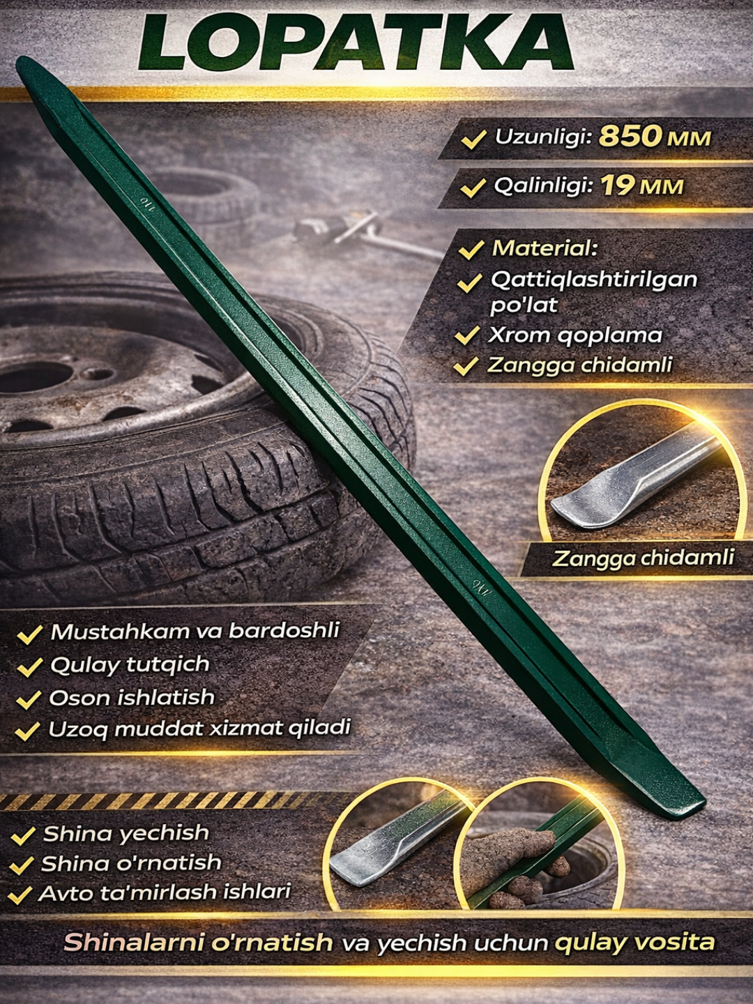 Vtomobil shinalarini o‘rnatish vositasi, shina yechish va o‘rnatish uchun montajka - 