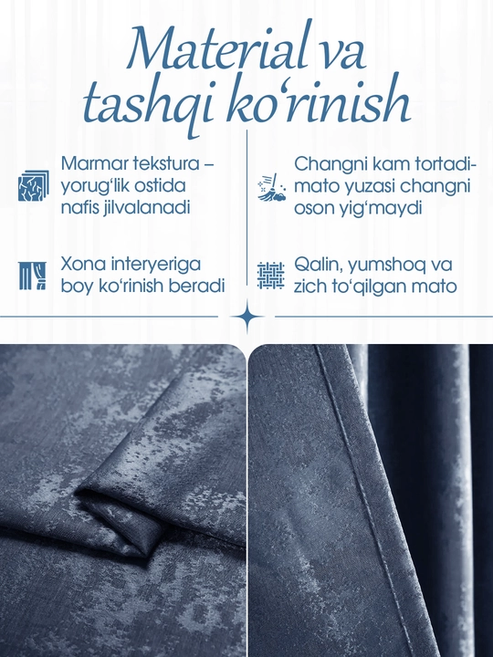 Yorug‘lik o‘tkazmaydigan marmar pardalar, 150 x 280 sm, 1 ta, 2 ta to‘plam