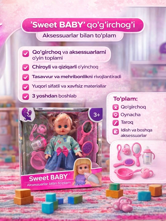 Chaqaloq qo‘g‘irchoq “Sweet Baby”, parvarish buyumlari bilan - 
