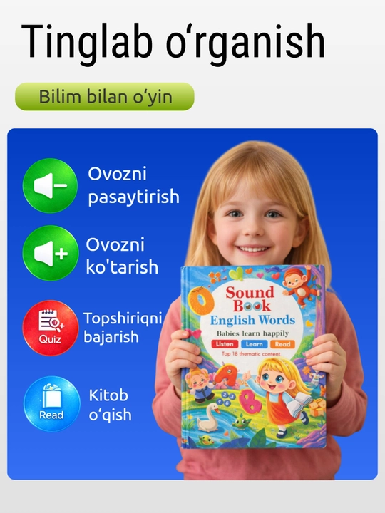 Interaktiv gapiruvchi kitob bolalar uchun 500 so‘z va tovushlar 2 tilda O'zb-Ing, Rus-Ing
