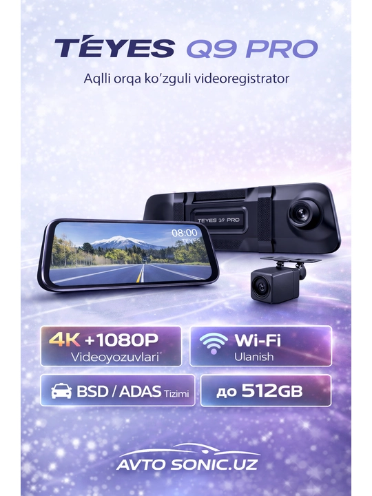 Videoregistrator Teyes Q9 PRO, 4K+1080P, Wi-Fi, orqa ko'rinish kamerali avtomobil oynasi - 