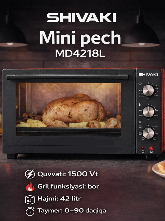 Shivaki MD4218L mini pech, 42 L, konveksiyali va grill funksiyaga ega - 