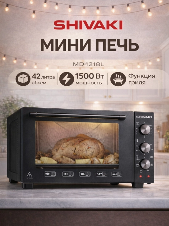 Mini pech Shivaki MD4218L 42 litr, konveksiya va grill funksiyali, qora - 