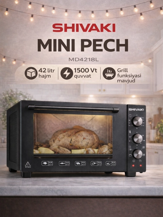 Mini pech Shivaki MD4218L 42 litr, konveksiya va grill funksiyali, qora