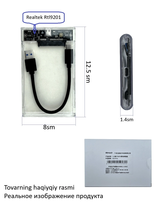 Shaffof HDD Ssd SATA. 2.5 dyuymli USB3.0 Type-C Portativ tashqi qattiq disk qutisi