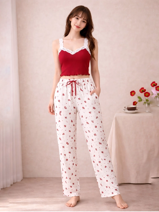 Pijama ayollar uchun 3x1, ayollar uy kiyimi to‘plami, gulli troyka – top, shim va shortik