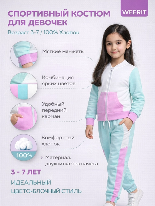 Детский спортивный костюм, для девочки, 3–7 лет , 100% хлопок, комплект с мягкими манжетами - 