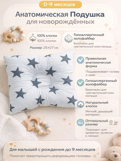 Подушка детская, анатомическая, ортопедическая для новорожденных