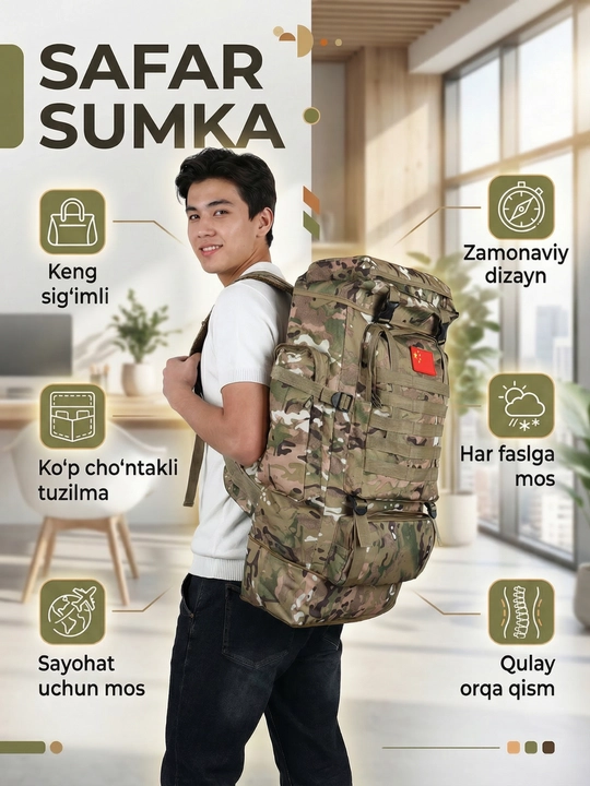 Sumka, yo'l, sayohat, tog', safar, baliq ovi uchun universal, katta ryukzak - 