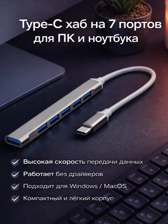 USB / Type-C HUB port ko‘paytirgich — ko‘p portli adapter - 
