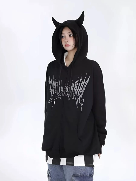 Shoxli va printli oversize zip-xudi: Y2K va Anime uslubidagi zamokli qora kofta Uniseks
