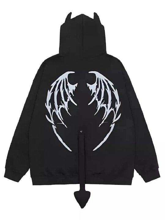Shoxli va printli oversize zip-xudi: Y2K va Anime uslubidagi zamokli qora kofta Uniseks