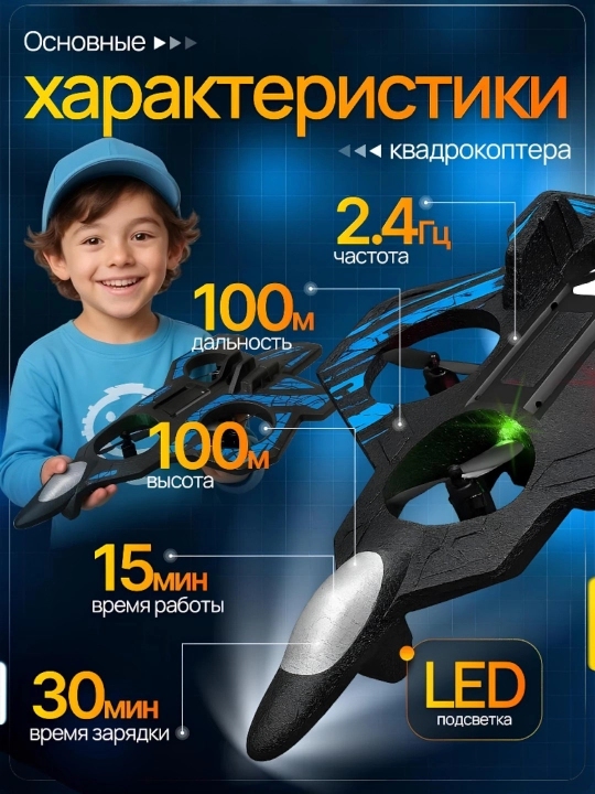 Dron samolyot pultli, 360° tryukli va RGB yoritishli, radio boshqariladigan kvadrokopter
