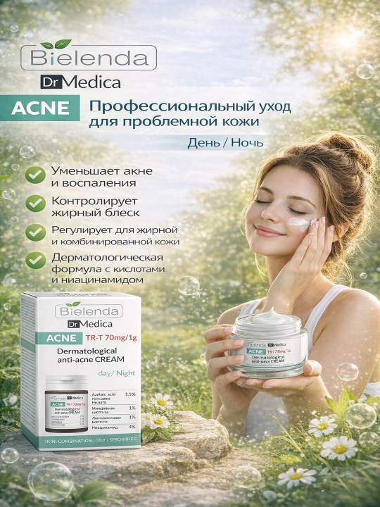 Крем против акне (день / ночь) Bielenda Dr Medica ACNE TR-T 70 mg/1 g, 50 мл