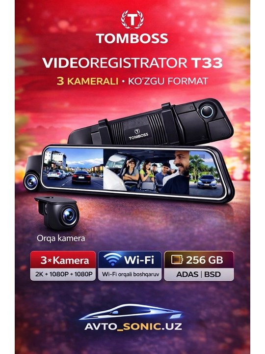 TOMBOSS T33, Wi-Fi Tracking, Evening Watch, 3 ta kamerali videoregistrator - 