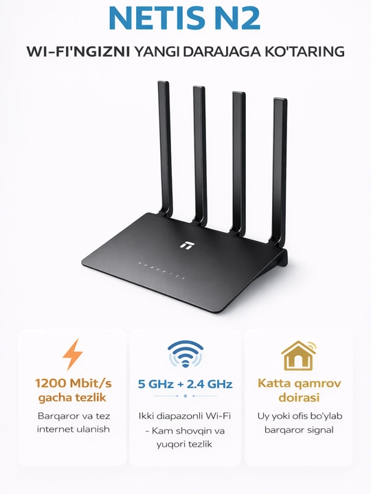 Wi-Fi роутер Netis N2 AC1200, Dual-Band Gigabit, 4 антенны - 