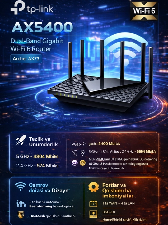 WiFi 6 (802.11 ax) TP-Link Archer AX73  - 