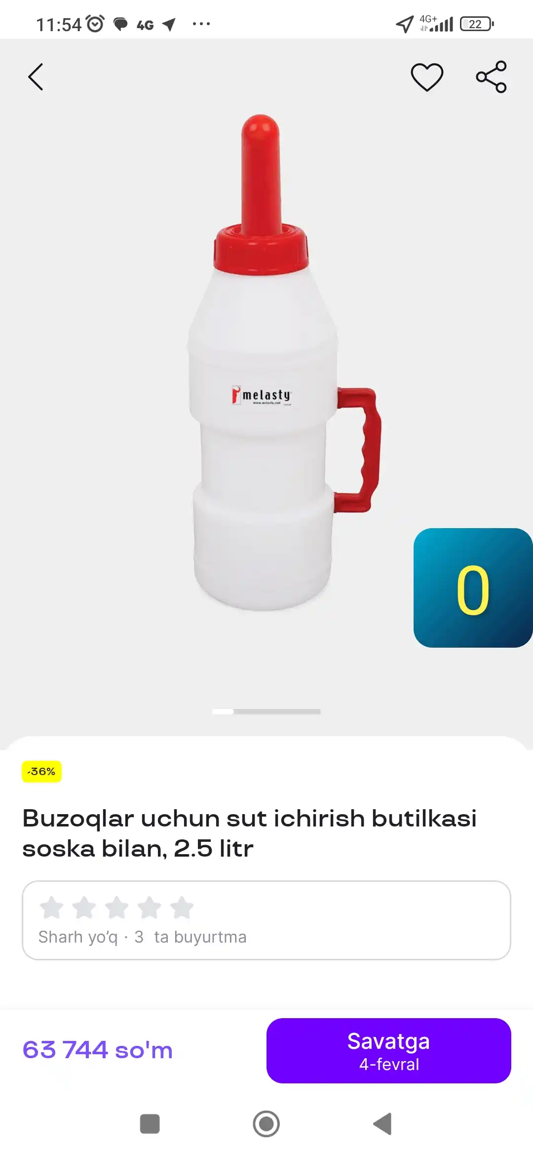 Buzoqlar uchun sut ichirish butilkasi soska bilan, 2.5 litr
