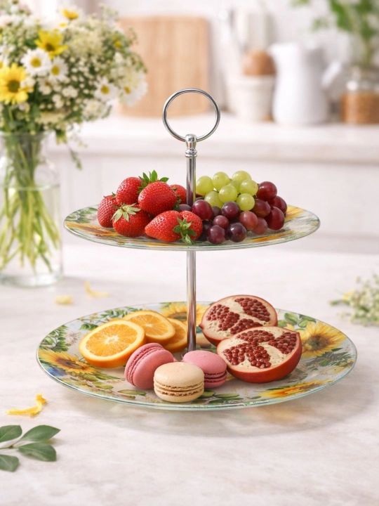 Ikki qavatli shisha meva idishi 20/25 sm - mevalar, shirinliklar va gazaklar uchun javon