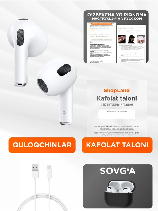 iPhone va Android uchun Pods 3 Premium simsiz minigarnituralari, changyutgichsiz, g'ilof bilan birga