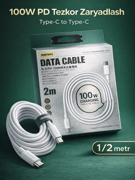 REMAX Zaryadlash kabeli, 100W, Type-C to Type-C 1 va 2 metr uzunlikda tezkor zaryadlash - 
