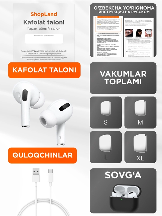 Simsiz quloqchinlar Pro 2 Premium, iPhone va Android uchun sensorli naushnik. ShopLand