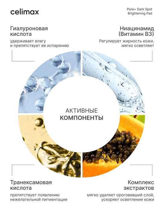 Celimax Pore Dark Spot Brightening Pad, пэды для сужения пор и осветления тёмных пятен