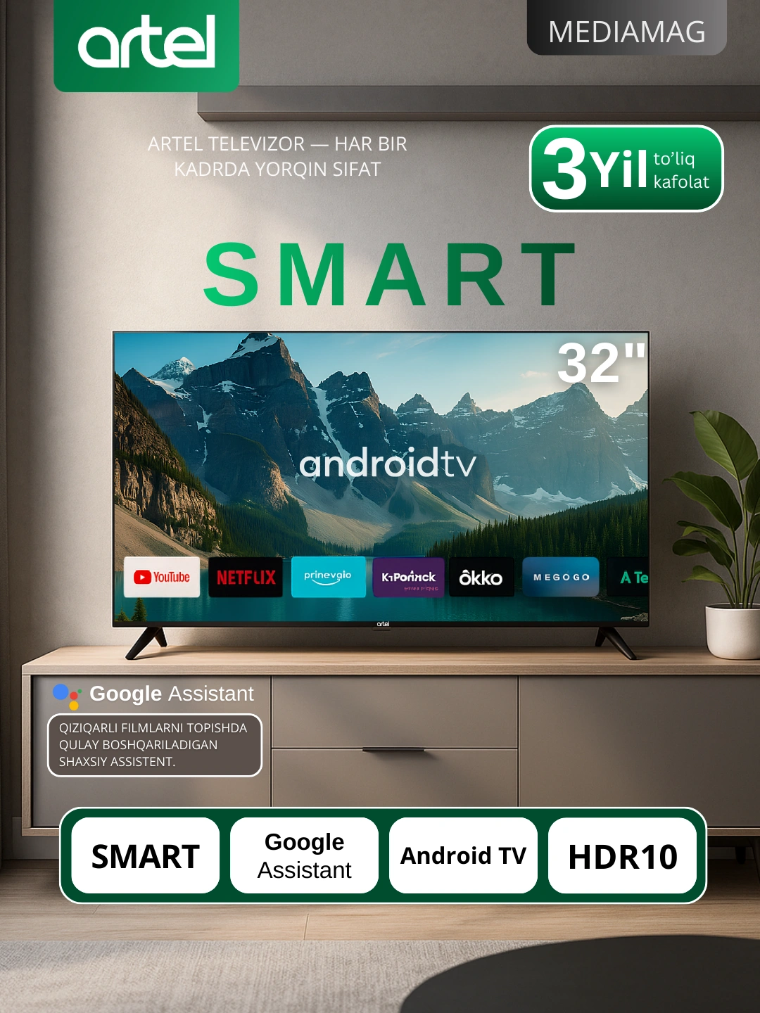 Телевизор Smart Artel A32NHCH001 32" HD, пульт с голосовым поиском за 1599000 сум со скидкой 47%. Uzum Market