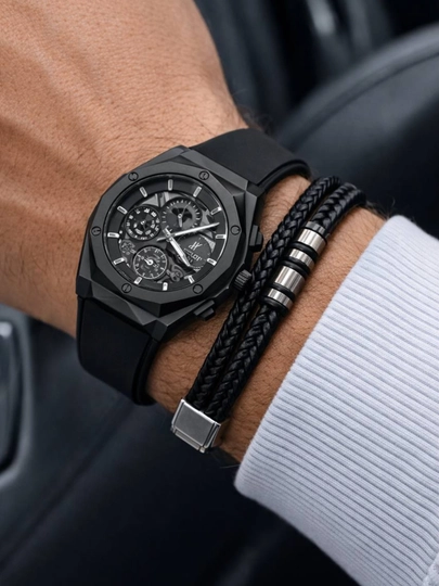 Набор для мужчин: часы Hublot + браслет — ASMADA-SBKOPT-ЧЕРН