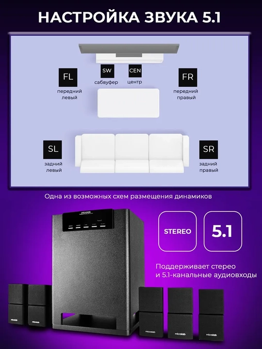 Сабвуфер Microlab X15BT / 5.1 / 180 Вт RMS, 5*16 Вт и 90 Вт, Bluetooth
