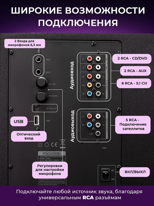 Сабвуфер Microlab X15BT / 5.1 / 180 Вт RMS, 5*16 Вт и 90 Вт, Bluetooth