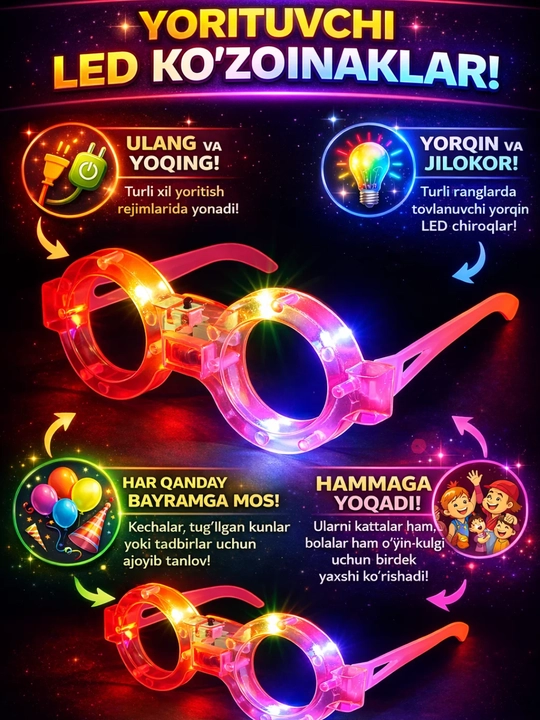 LED yoritgichli bayramona ko‘zoynak, 3 xil rejimda yonadi