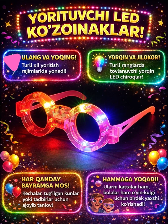 LED yoritgichli bayramona ko‘zoynak, 3 xil rejimda yonadi