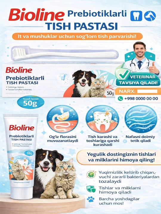 Probiotikli  pastasi 50 g va mushuk va itlarning tishlarini tozalash uchun cho'tkasi 2418 - 