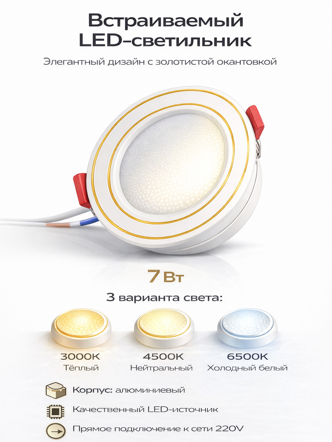 Встроенный галогенный светодиодный светильник 7 Вт, 3000К / 4500К / 6500К - 