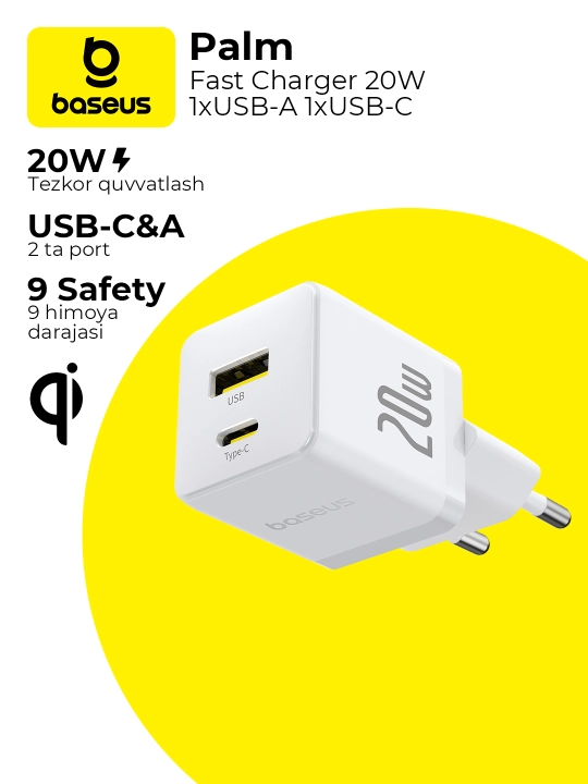 Universal zaryadlash qurilmasi Baseus Palm Fast Charger C+U, 20 Vt zaryadchik - 