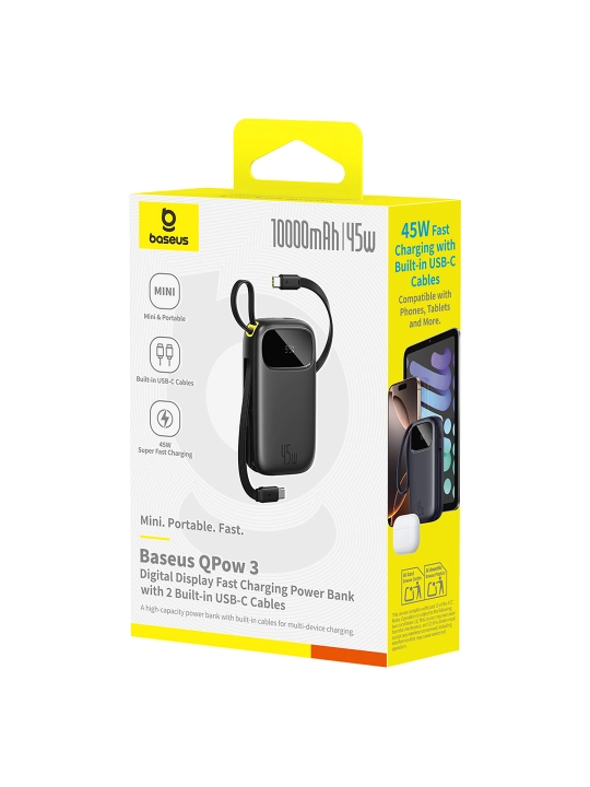 Baseus power bank QPow 3 45W EnerFill FC31, zaryadlash indikatori, o‘rnatilgan kabel bilan