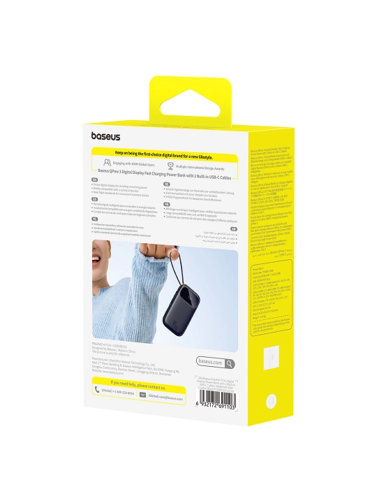 Baseus power bank QPow 3 45W EnerFill FC31, zaryadlash indikatori, o‘rnatilgan kabel bilan