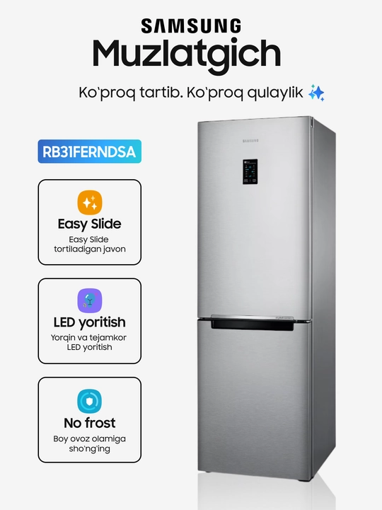 Sovutkich Samsung RB31FERND, 310 l, No Frost, inverter, kumush/qora rang - 