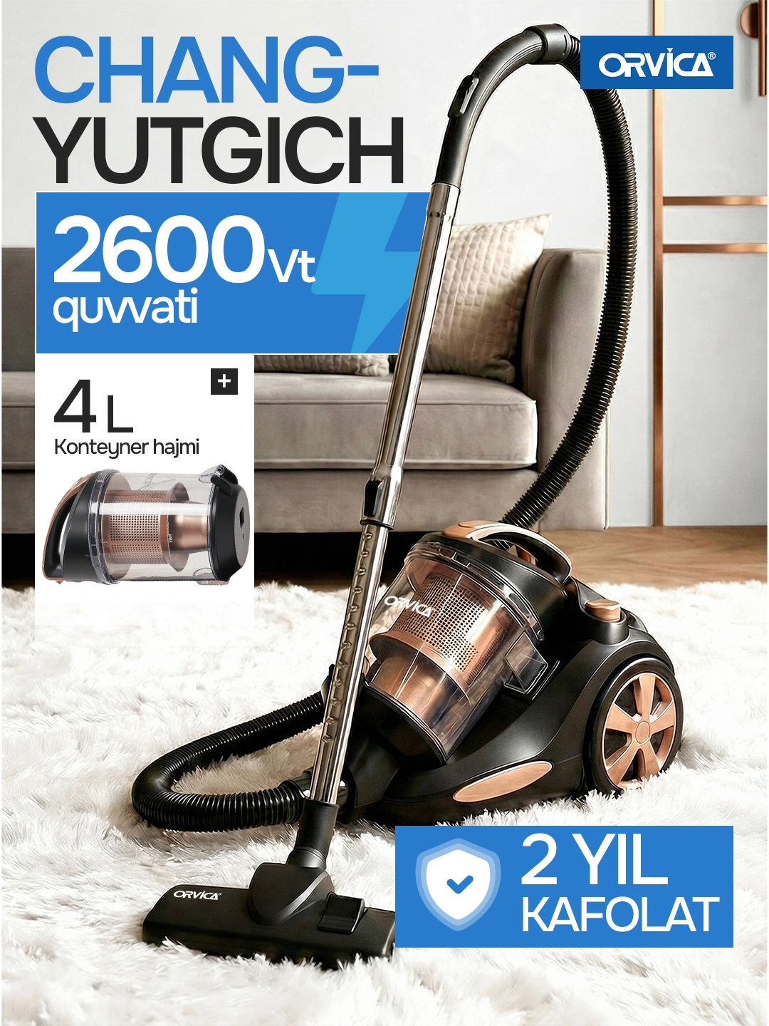 Пылесос ORVICA Cyclone безмешковый 2600W, с контейнером, мощное всасывание за 1187010 сум со скидкой 41%. Uzum Market