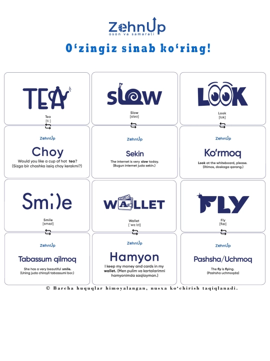 ZehnUP: Ingliz tili so‘zlarini yodlash uchun innovatsion flashcards, 1-qism