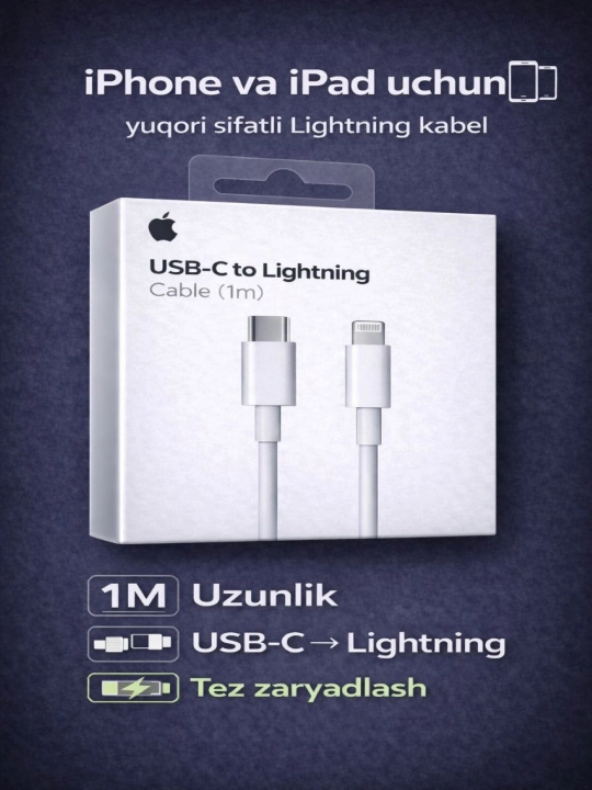 IPhone uchun Type-C to Lightning kabel 1 m, iPhone X/ 11/ 12/ 13/ 14 uchun, tez zaryadlash