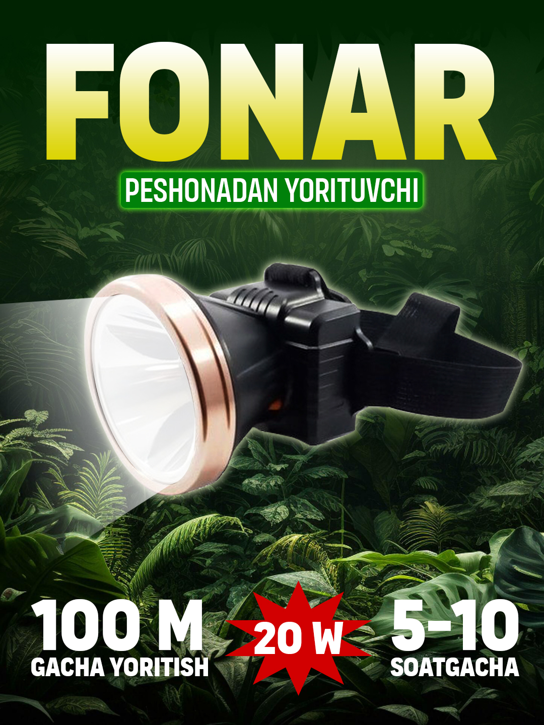 Bosh fonari sifatli 20 W Okgo FA-169, qayta zaryadlanuvchi, yorug‘lik nuri masofasi 1000 m