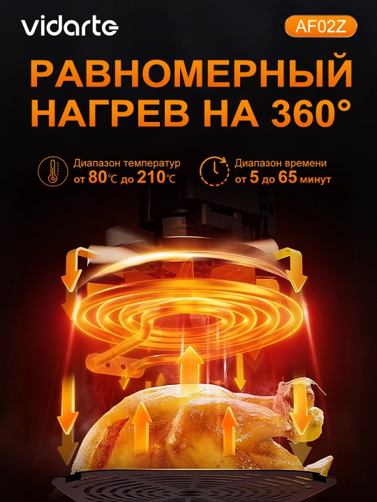 Аэрогриль 10 л 1600 Вт 6 программ 80-210°C без масла хрустящая корочка для семьи VIDARTE