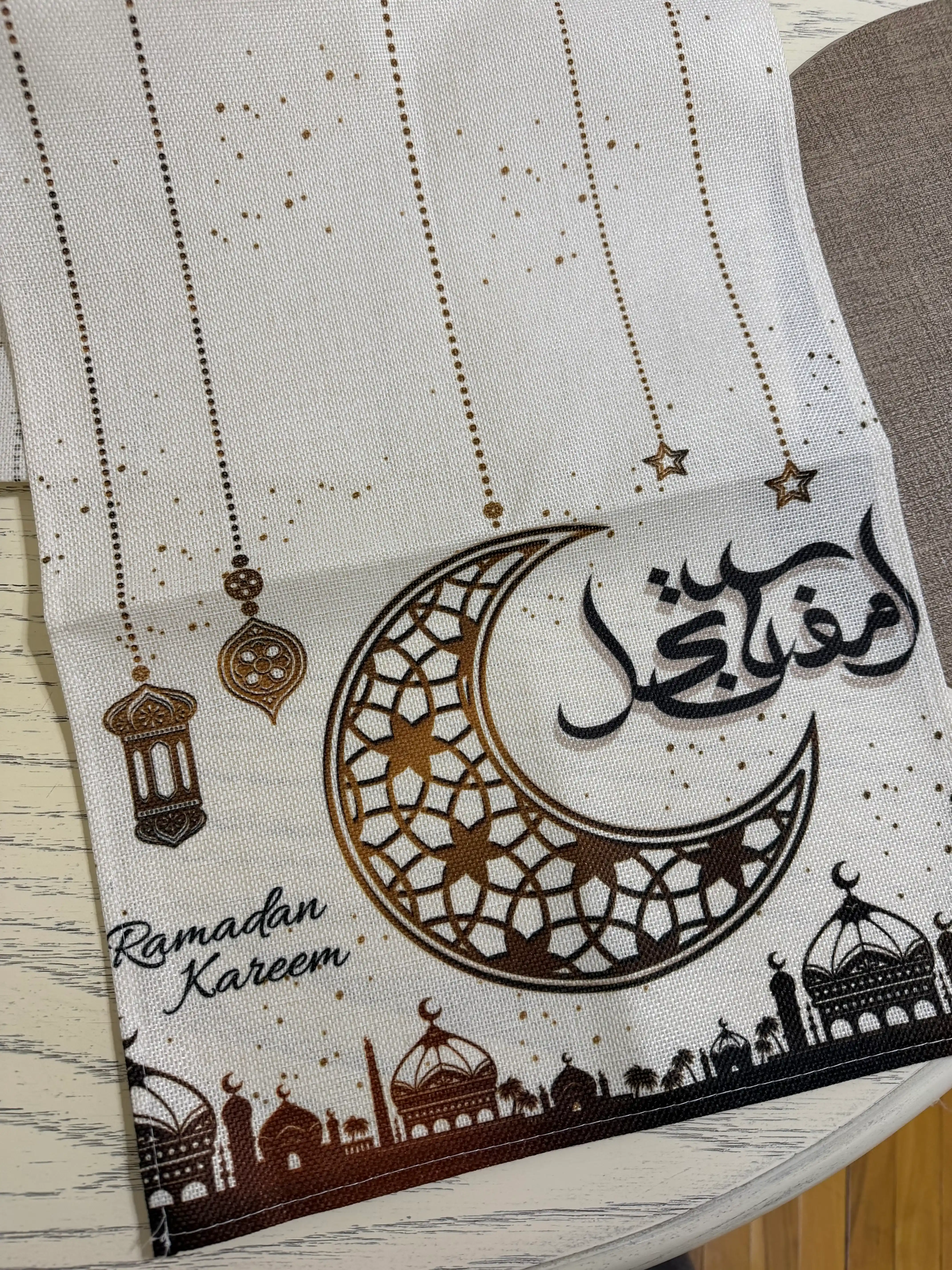 Ramadan uchun stol raneri, oy va yulduz, fonus naqshli, Eid Muborak uchun stol bezagi
